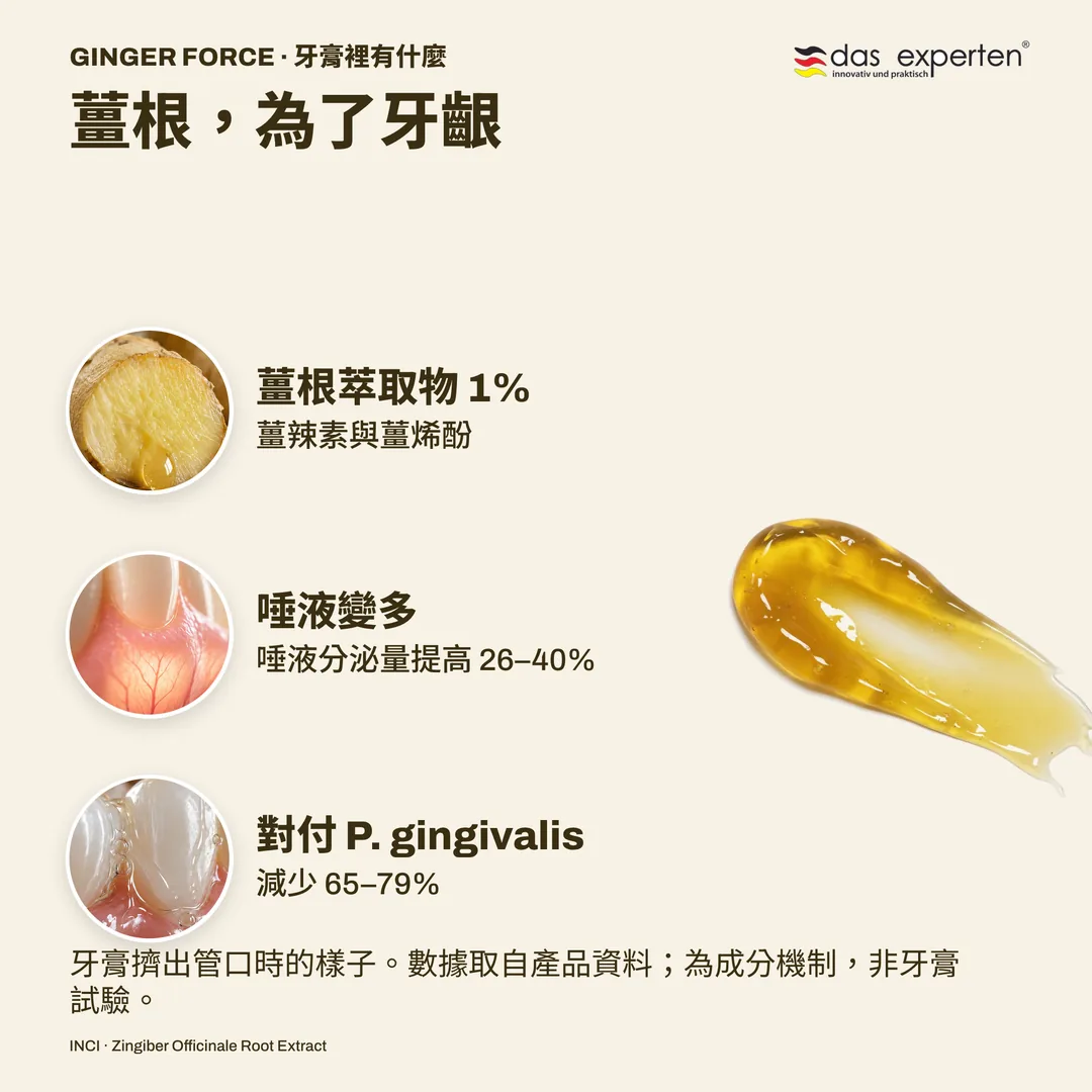薑根，為了牙齦 — 薑根萃取物 1%; 唾液變多; 對付 P. gingivalis