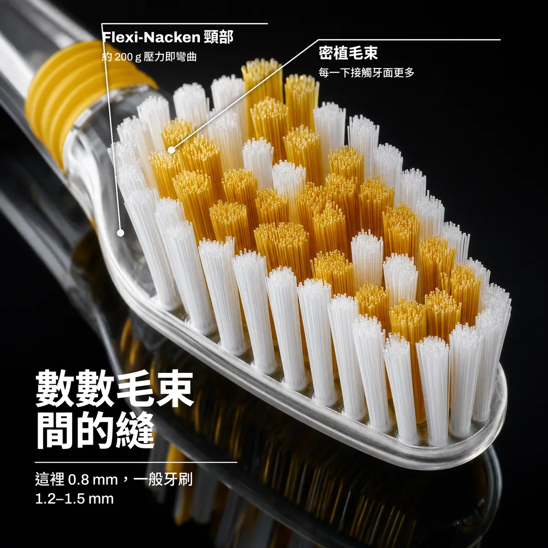 數數毛束間的縫 — 這裡 0.8 mm，一般牙刷 1.2–1.5 mm · 密植毛束: 每一下接觸牙面更多 · Flexi-Nacken 頸部: 約 200 g 壓力即彎曲