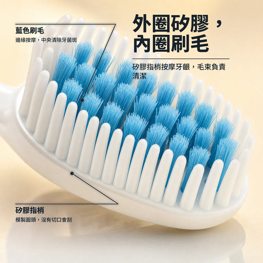 外圈矽膠，內圈刷毛 — 矽膠指梢按摩牙齦，毛束負責清潔 · 矽膠指梢: 模製圓頭，沒有切口會刮 · 藍色刷毛: 邊緣按摩，中央清除牙菌斑