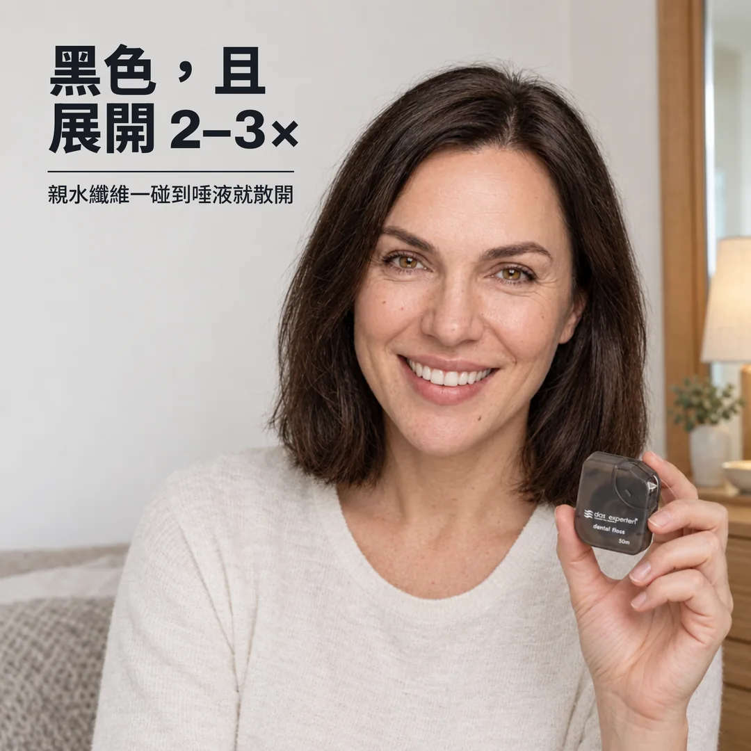 黑色，且展開 2–3× — 親水纖維一碰到唾液就散開