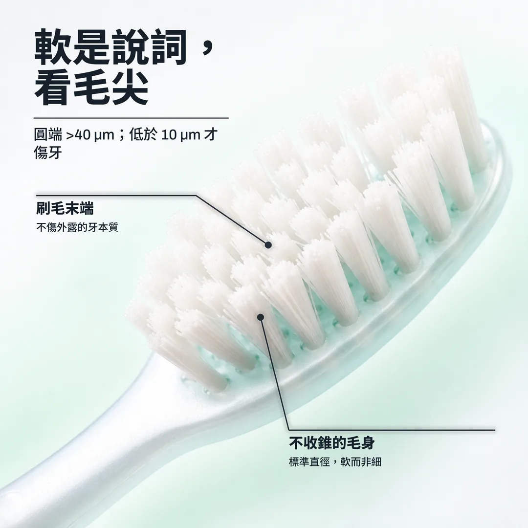 軟是說詞,看毛尖 — 圓端 >40 μm;低於 10 μm 才傷牙 · 刷毛末端: 不傷外露的牙本質 · 不收錐的毛身: 標準直徑,軟而非細