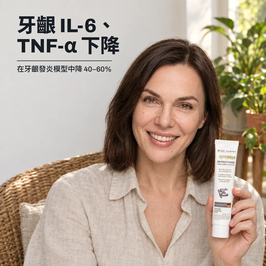牙齦 IL-6、TNF-α 下降 — 在牙齦發炎模型中降 40–60%