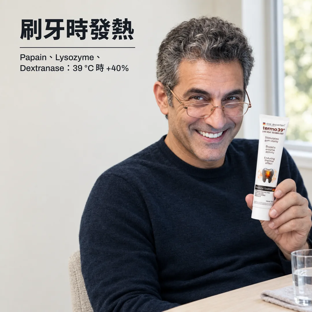刷牙時發熱 — Papain、Lysozyme、Dextranase：39 °C 時 +40%