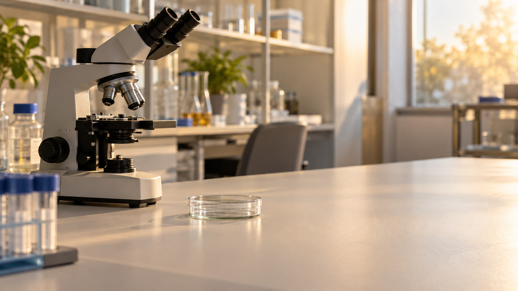 Mikroskop und geschlossene Glasschale auf einem ruhigen mikrobiologischen Labortisch.