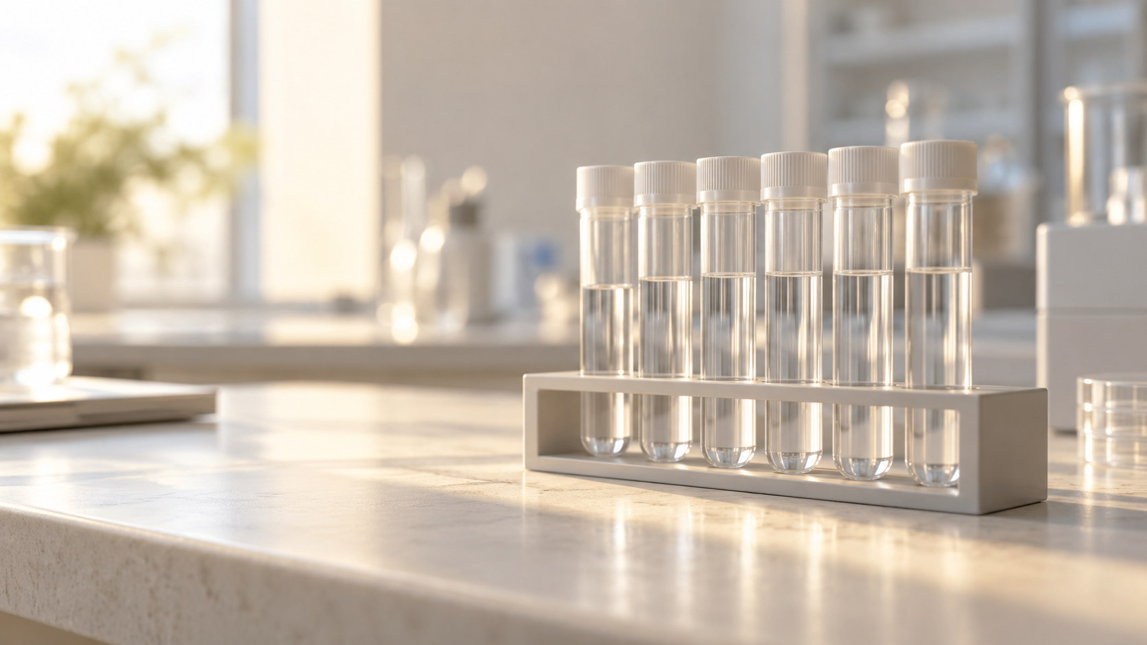 Sealed unlabelled sample tubes on a softly lit research bench.