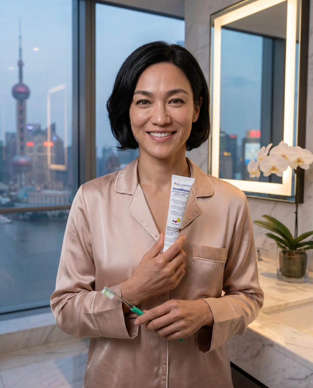 Woman using Das Experten innoWeiss in a Shanghai bathroom